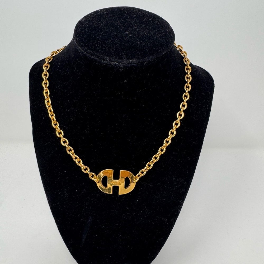 💯Authentic CELINE 1990 logo pendant Gold tone Necklace